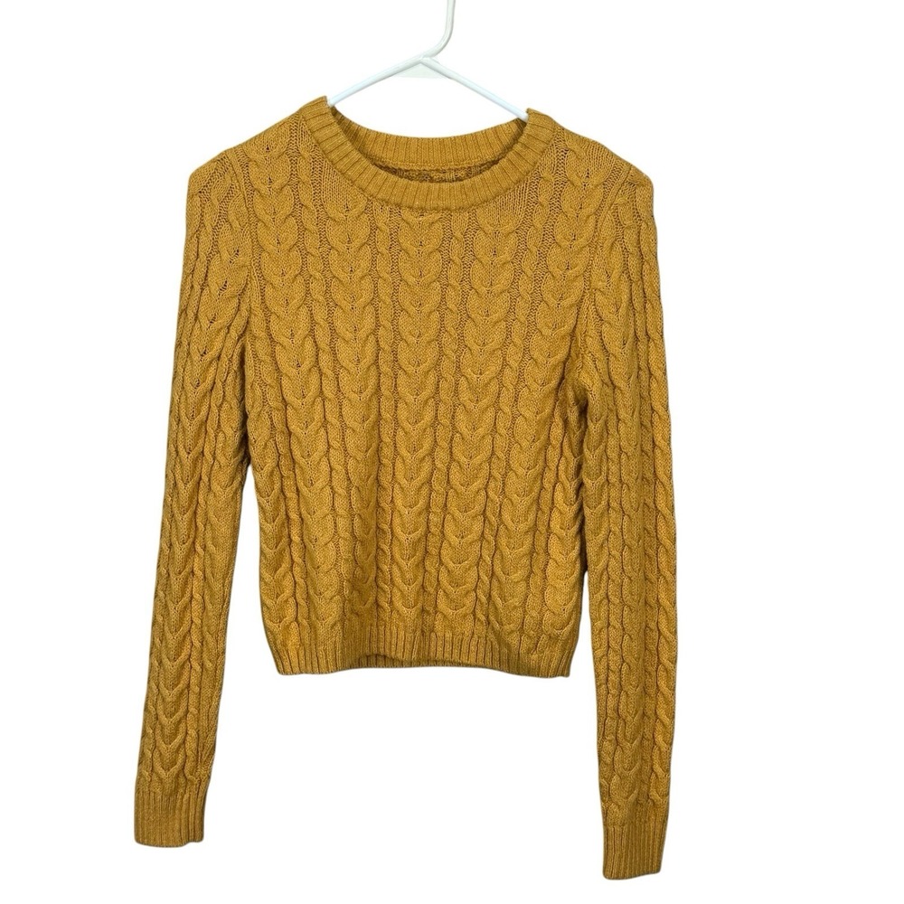 American Eagle Womens Sweater Sz S Mustard Cable Knit Long Sleeve Cotton Blend